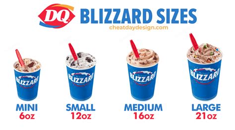 Dq blizzard sizes - Milk Chocolate Candies. Blizzard. Treat. Mini Small Medium Large. 370 Cal. M&M's® candy pieces and chocolatey topping blended with creamy DQ® soft serve to Blizzard® Treat perfection. Available at participating DQ® locations.